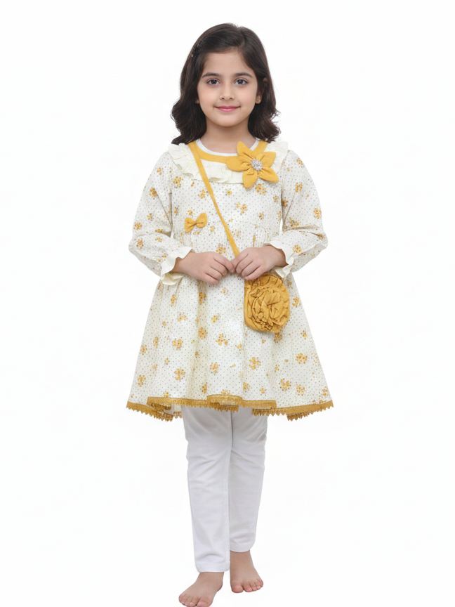 Girls' Elegant Floral Print A-Line Tunic Set with Matching Crossbody Bag and White Trousers