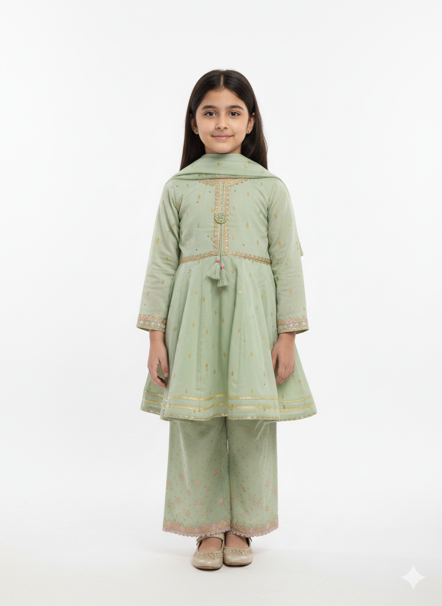Girls' Elegant Embroidered Peplum Suit with Wide-Leg Trousers and Matching Dupatta - Festive Collection
