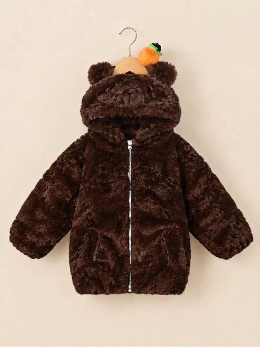 Kids Plush Faux Fur Hooded Bear Jacket With Cute Carrot Accent