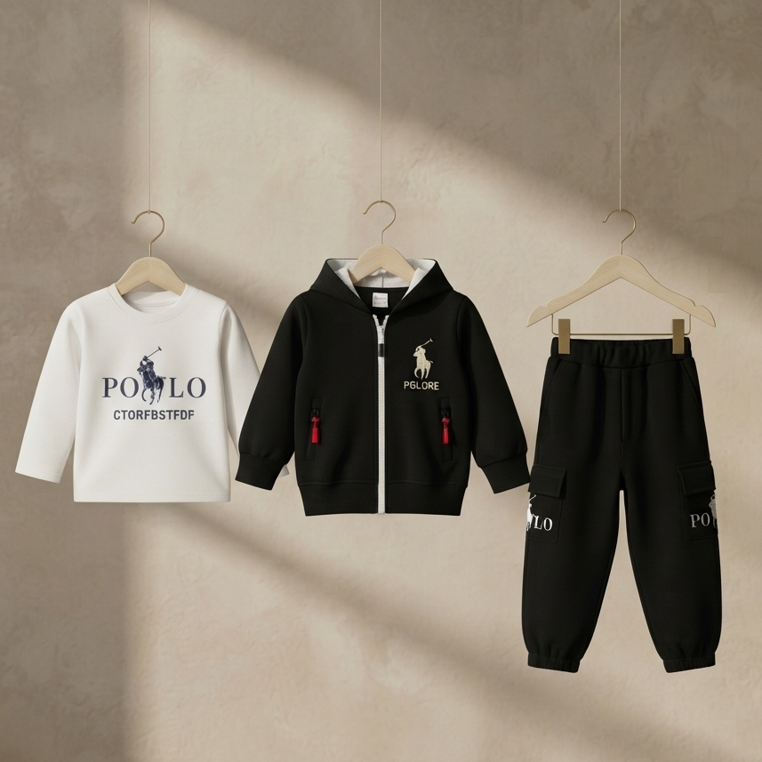 Kids Stylish 3 Piece Fleece Tracksuit Full Zip Hoodie Sweatshirt Cargo Trousers Set
