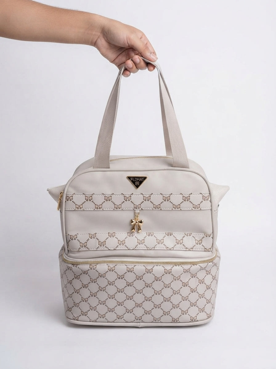 Elegant Dual-Compartment Butterfly Print Tote Bag with Gold Bow Accent