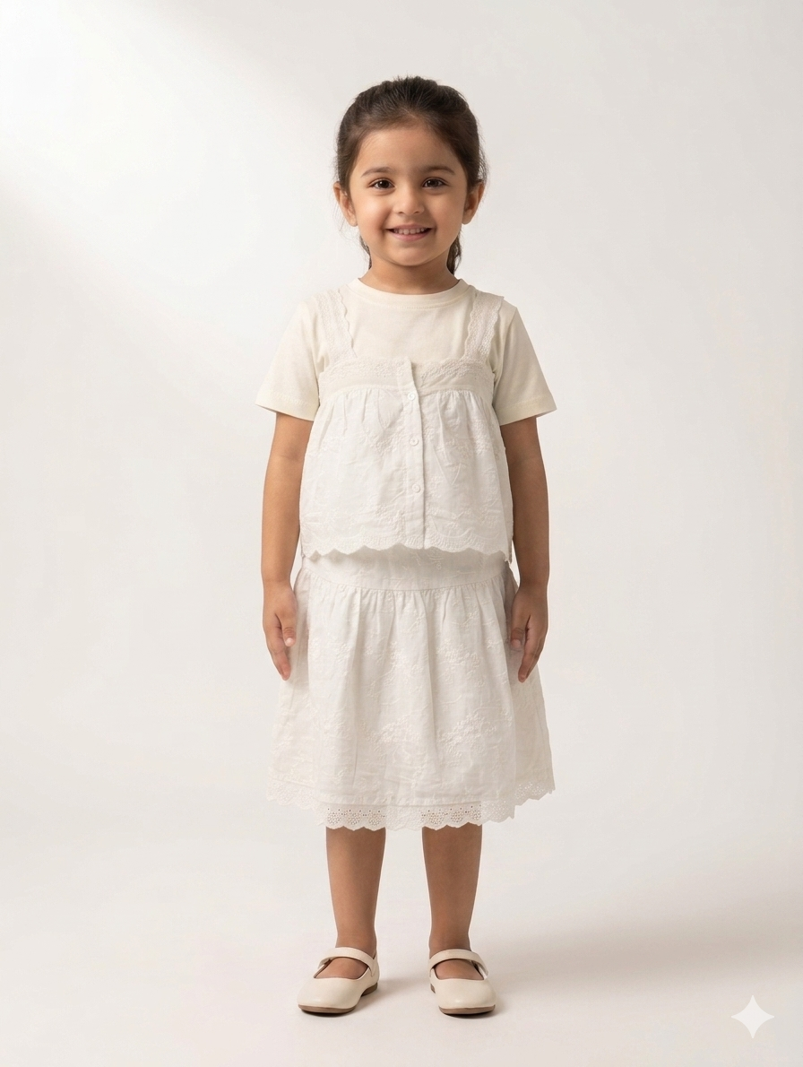 Elegant Girls' Eyelet Lace Two-Piece Set with Button-Down Top and Matching Tiered Skirt Outfit
