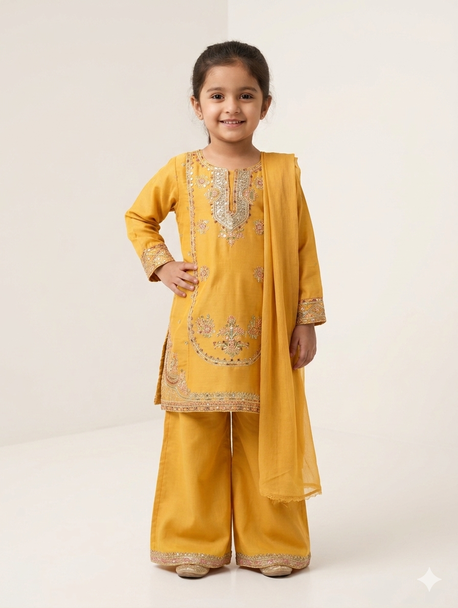 Elegant Kids 3-Piece Embroidered Festive Suit - Kurta, Palazzo, and Dupatta Set