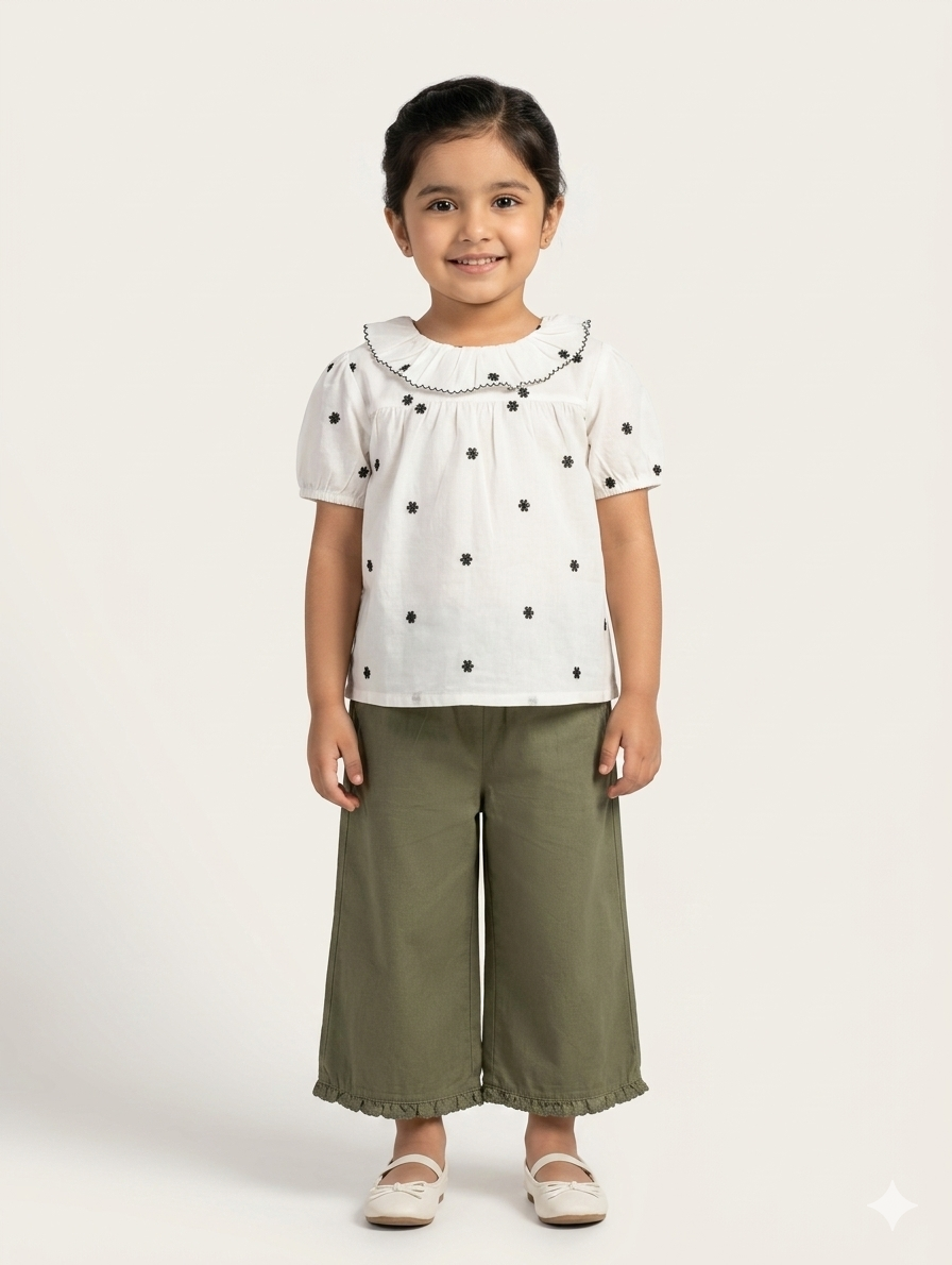 Girls' Embroidered Floral Peter Pan Collar Blouse and Sage Green Wide-Leg Ruffle Culottes Set