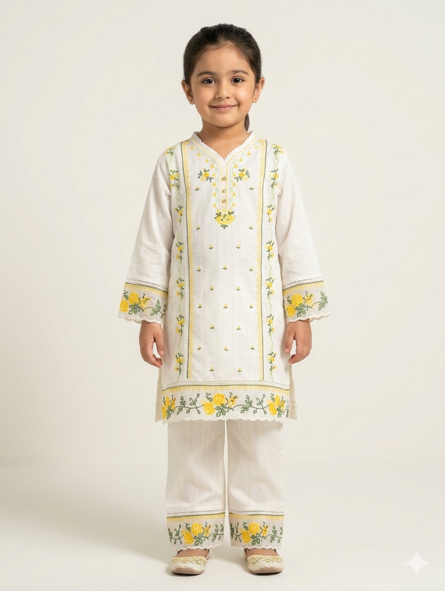 Elegant Girls' Hand-Embroidered Floral Cotton Kurta Set in Three Versatile and Stylish Color Options