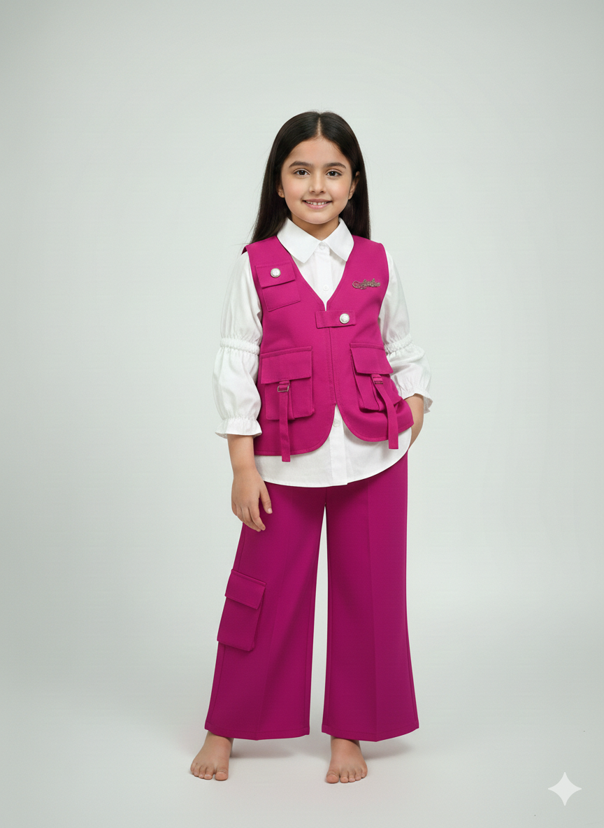 Girls' Three-Piece Utility Vest and Wide-Leg Cargo Pant Set with Puff-Sleeve Blouse