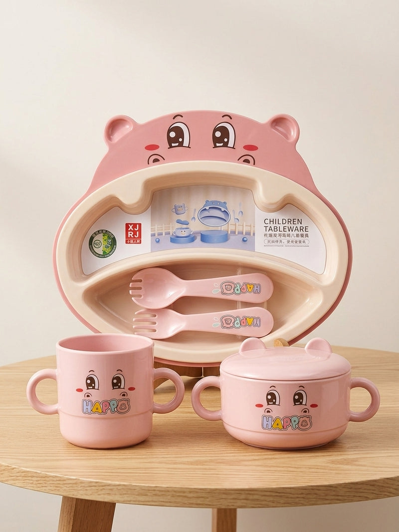 Kids Stainless Steel Compartment Dinnerware Set With Cup Bowl Spoon Fork Feeding Set