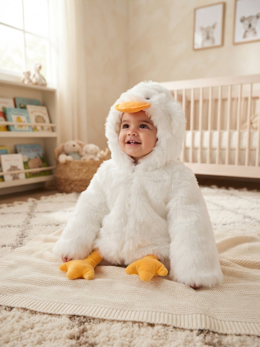Adorable Pink Duck Costume For Toddlers With Faux Fur Hood And Matching Feet