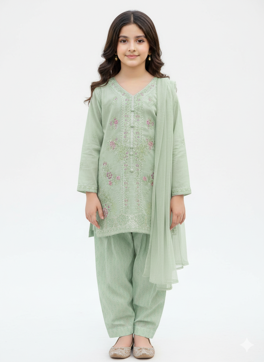 Elegant Girls Embroidered Cotton Kurta Salwar Suit with Matching Chiffon Dupatta in Pastel Shades