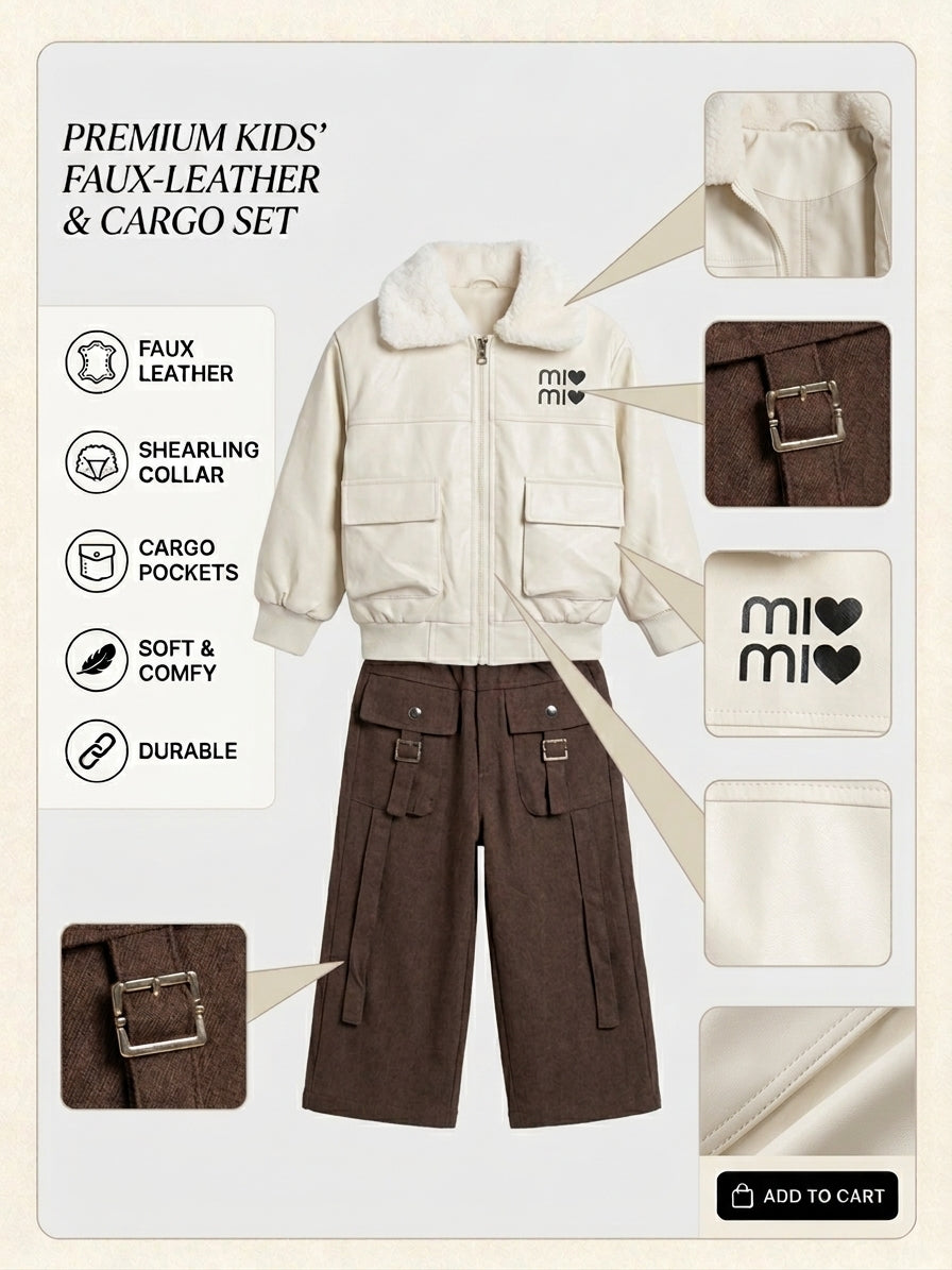 Girls Lavender Faux Leather Fur Collar Jacket Three Piece Suit Set With White Inner T-Shirt