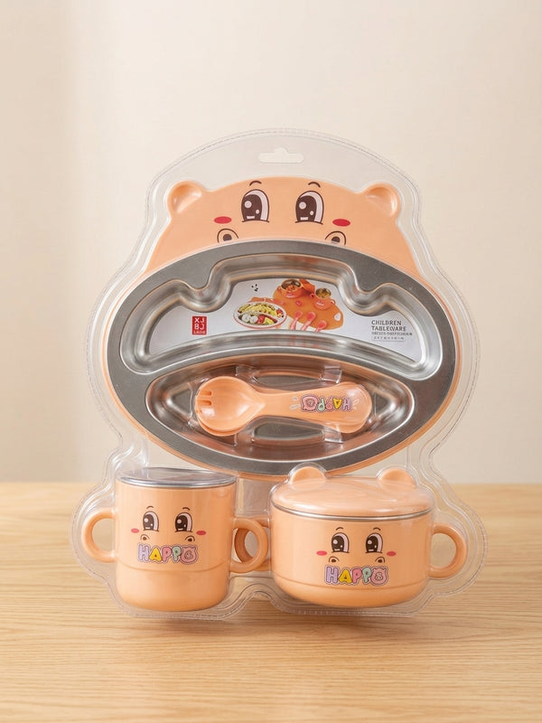Kids Stainless Steel Compartment Dinnerware Set With Cup Bowl Spoon Fork Steel Feeding Set
