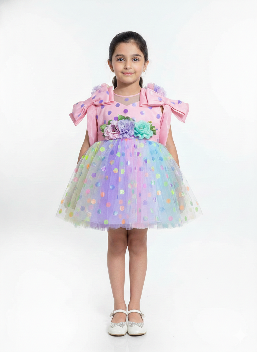 Whimsical Girls' Polka Dot Tulle Party Dress with Floral Waist Accent and Oversized Shoulder Bows