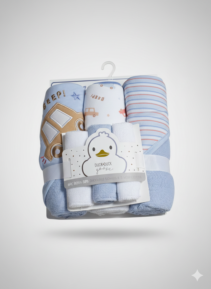 Duck Duck Goose Baby Boy 6-Piece Bath Set | 3 Hooded Towels & 3 Washcloths | "Beep Beep" Cars