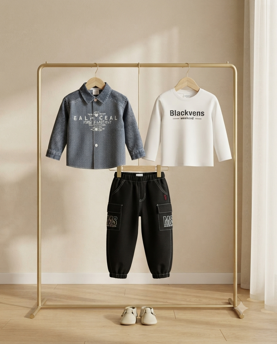 Boys Stylish Casual Outfit Set with Denim Shirt White T-Shirt and Black Cargo Trousers