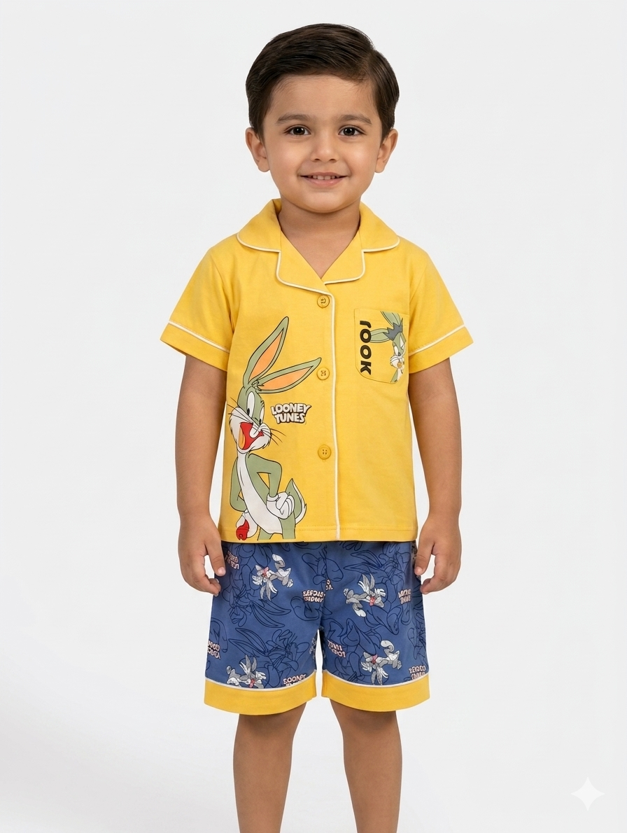 Boys Yellow Bugs Bunny Looney Tunes Pajama Set Soft Cotton Short Sleeve Button Down Nightsuit