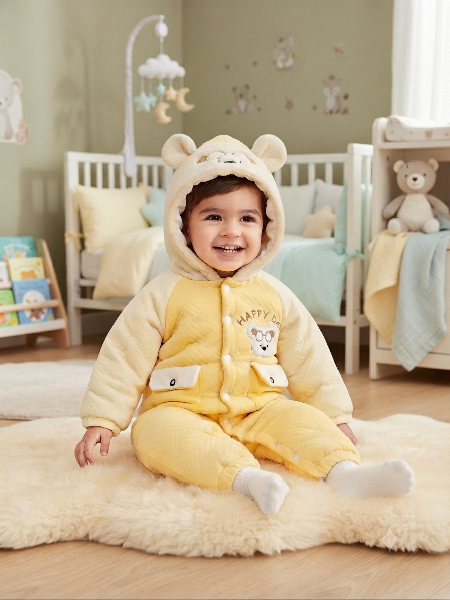 Adorable Off-White Bear Hooded Baby Romper Warm Fleece Winter Jumpsuit For Toddler Boys