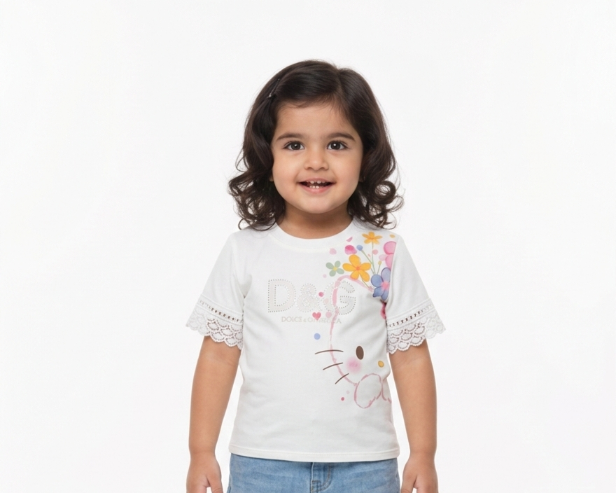 Girls' Floral Lace-Sleeve T-Shirt with Sparkle Logo and Cute Character Graphic Casual Top