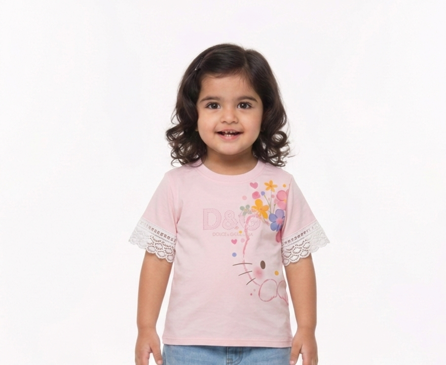 Girls' Floral Lace-Sleeve T-Shirt with Sparkle Logo and Cute Character Graphic Casual Top