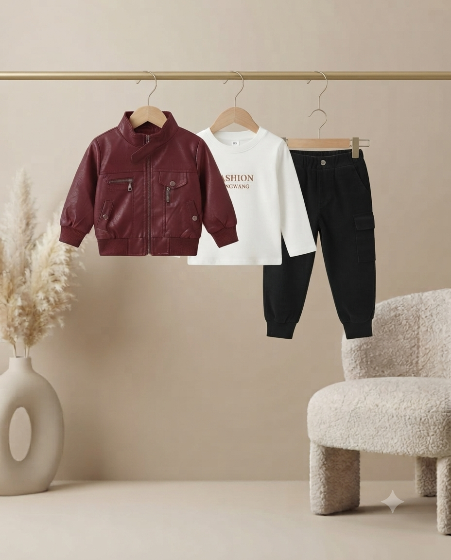 Trendy Leather Jacket Set for Kids Stylish Comfortable Three Piece Winter Clothing Outfit