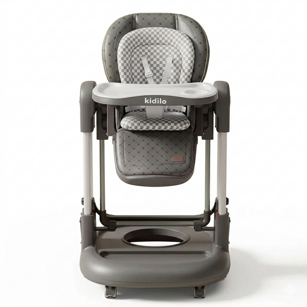 Kidilo Deluxe Adjustable High Chair with Reclining Seat, Removable Tray, and Rolling Swivel Wheels