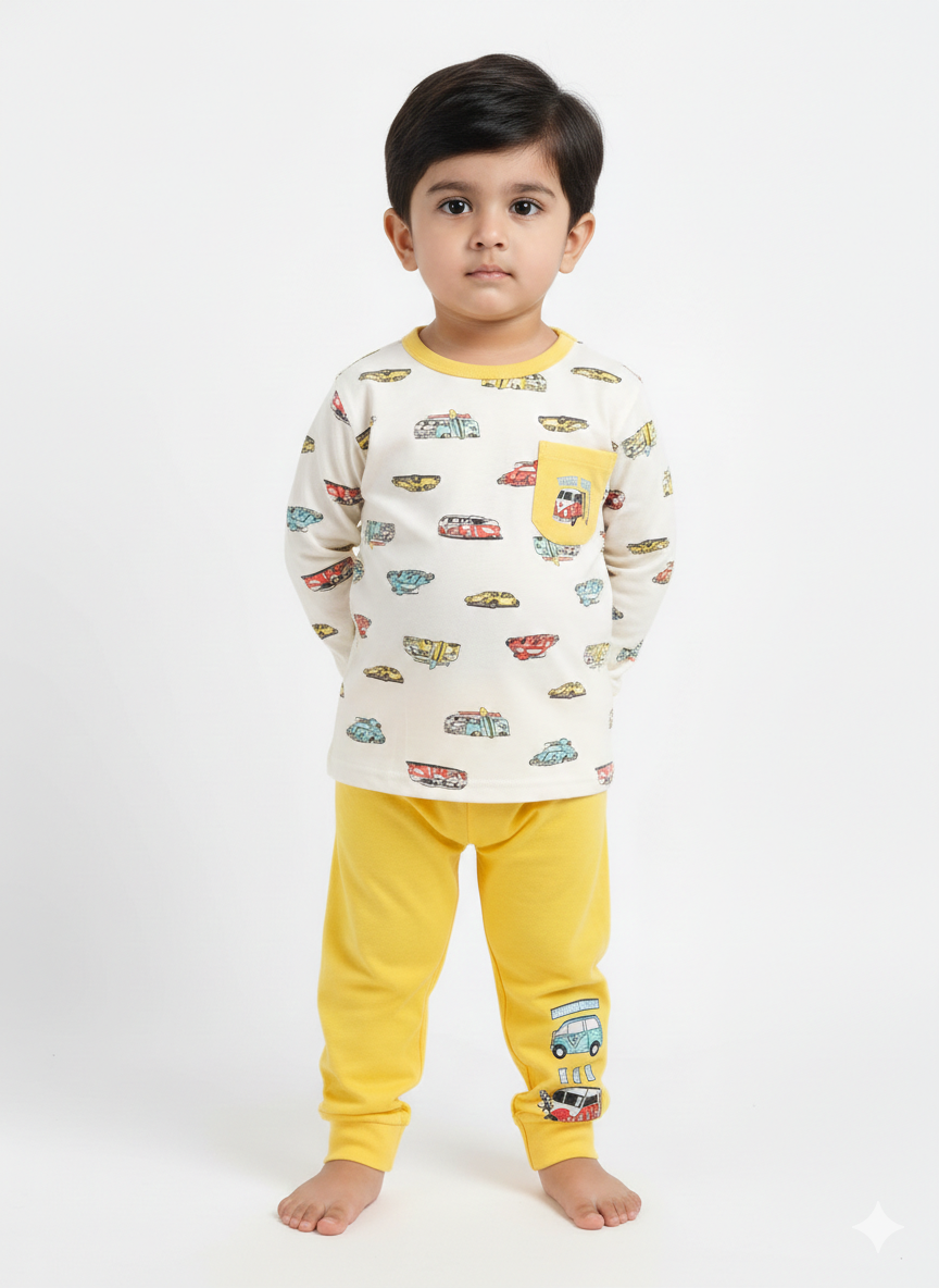 China Imported Kids Night Suit – Car Print Shirt with Yellow Trouser | Soft Cotton Nightwear