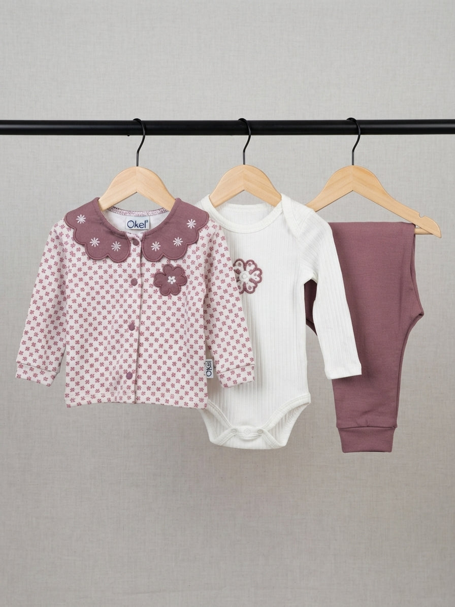 Baby Floral Print Cardigan Body And Pants Set With Scalloped Collar
