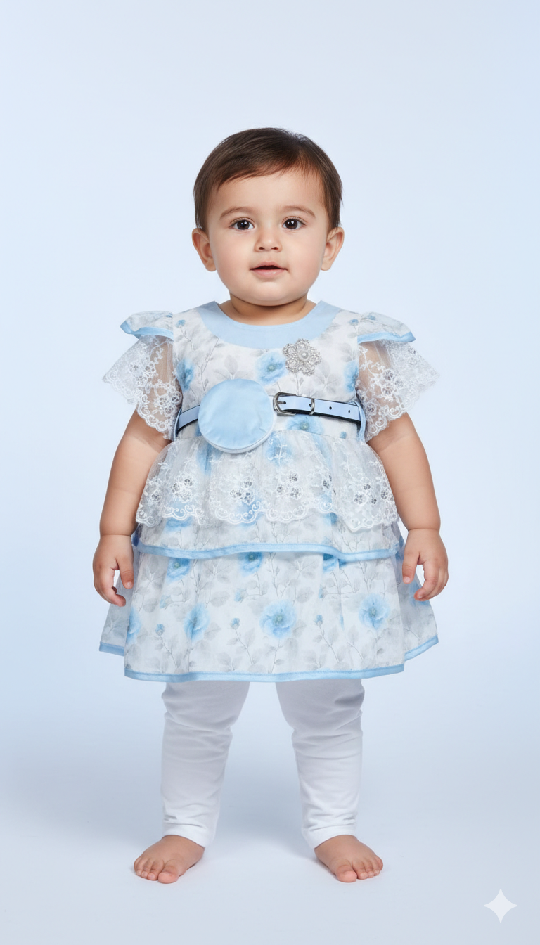 Premium Baby Girl Floral Lace Party Dress With Flutter Sleeves And Layered Tulle Skirt