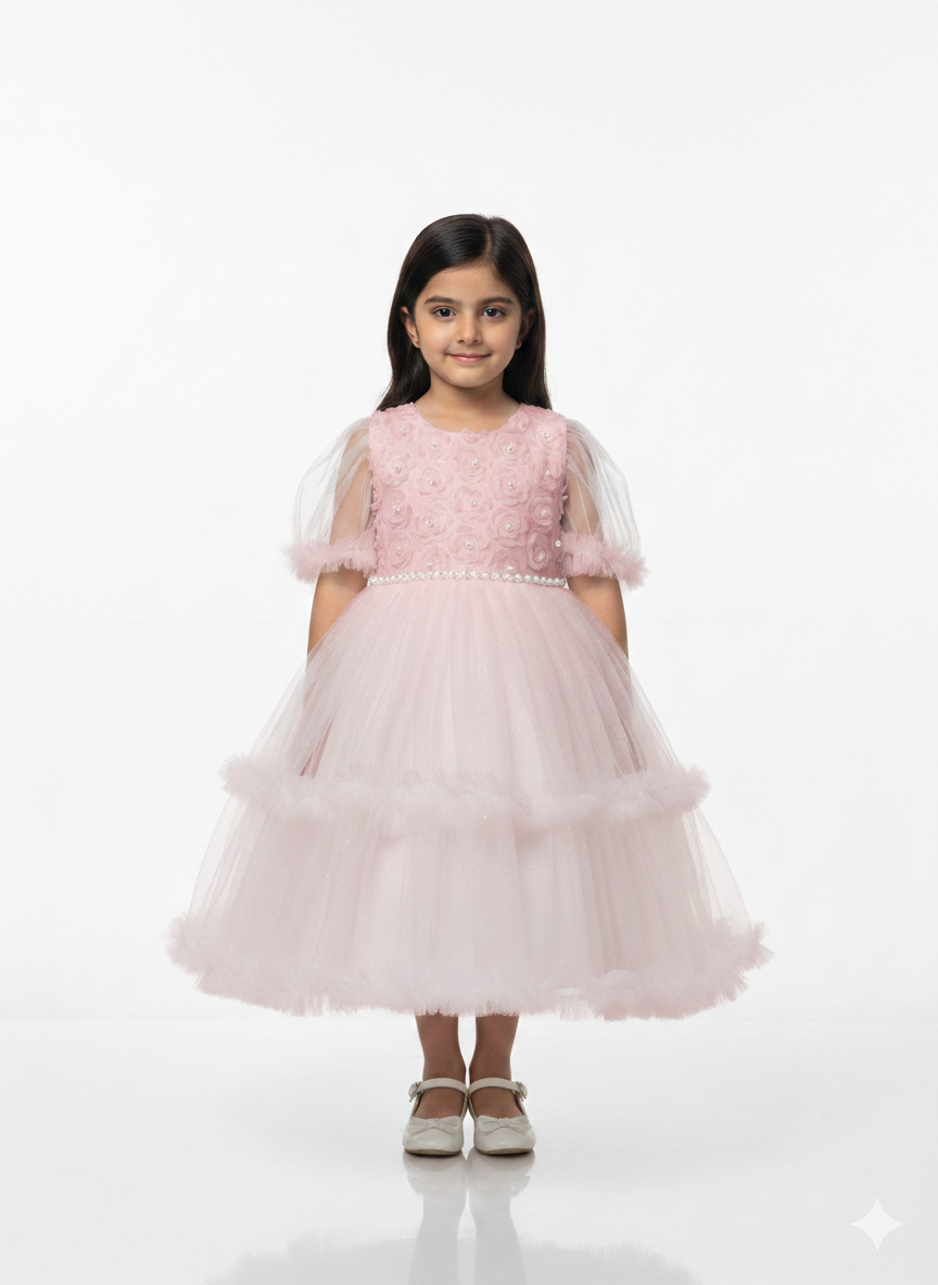 Elegant Girls' Floral Tulle Party Dress - Dreamy Ruffled Fairy Princess Gown in Soft Pastels