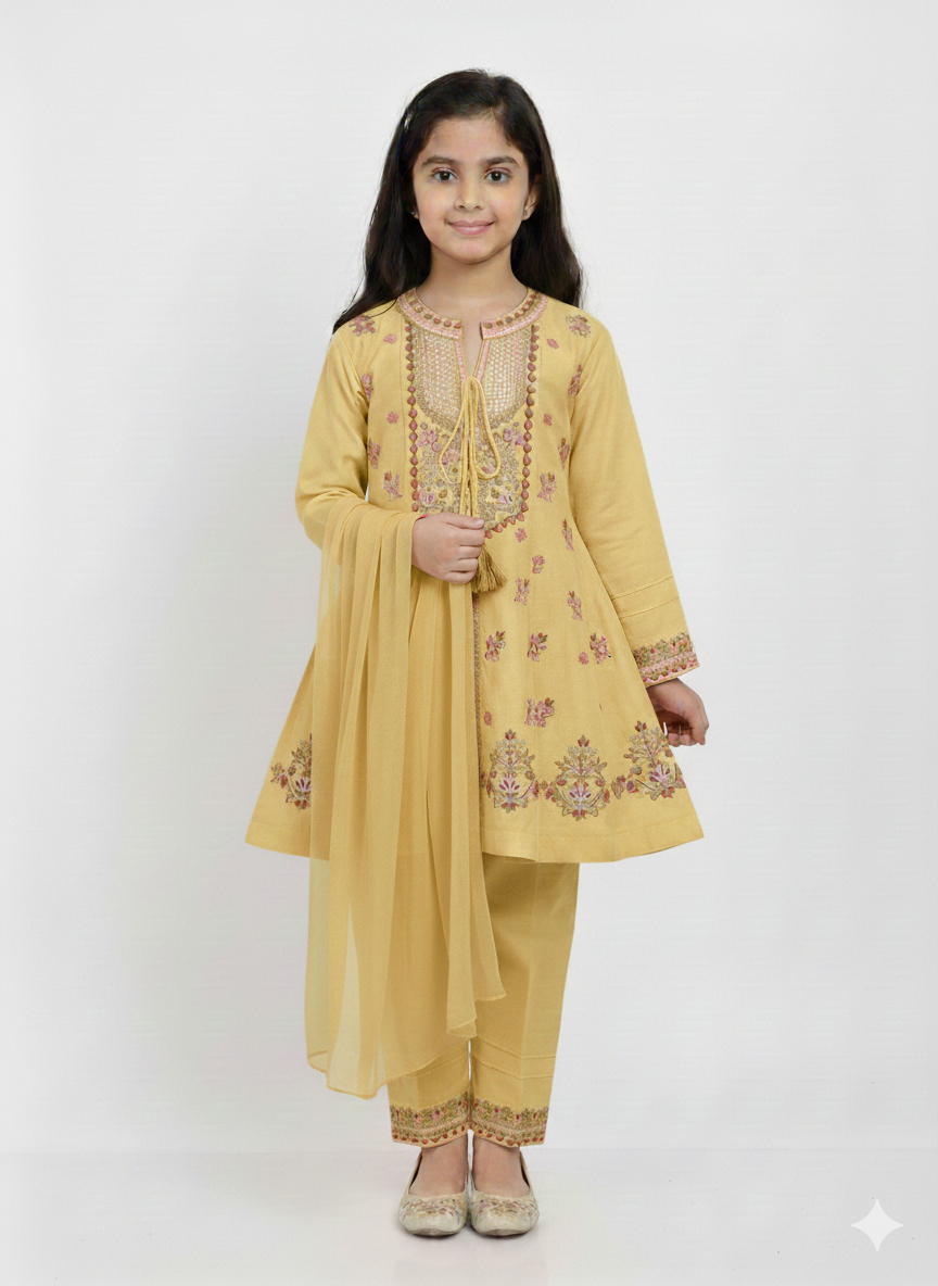 Girls' Embroidered A-Line Kurta Set with Tapered Trousers and Matching Chiffon Dupatta - Festive Wear