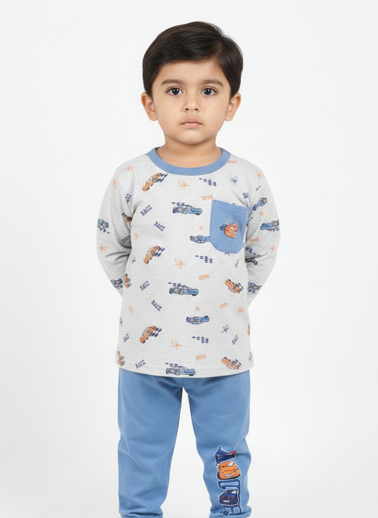 China Imported Kids Night Suit – Racing Cars Print with Blue Trouser | Soft Cotton Nightwear