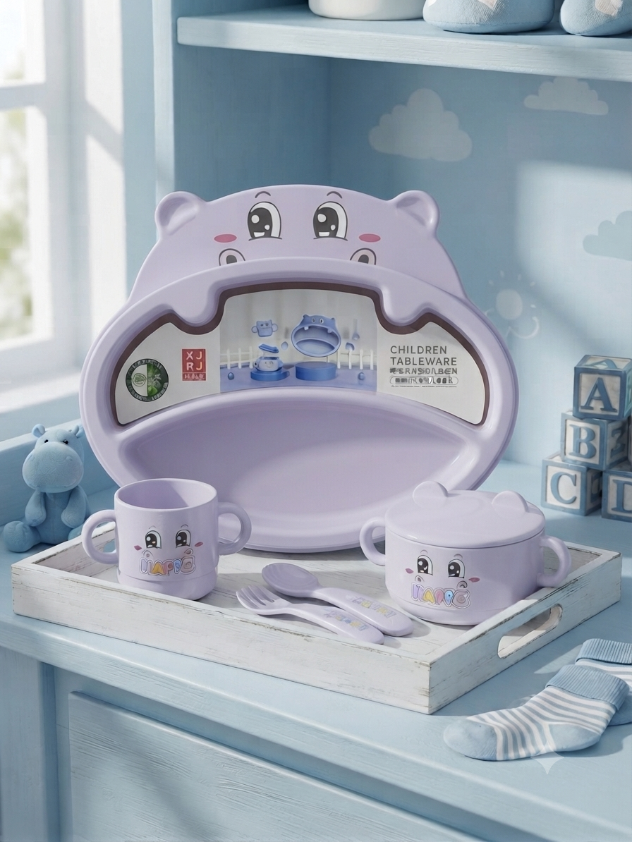 Cute Hippo Themed Children Tableware Set With Divided Plate Bowl Cup Spoon And Fork