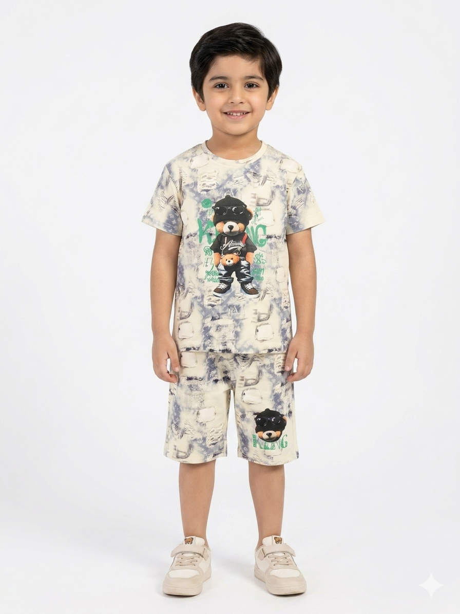 Stylish Bear Print Boys Summer Outfit Set For Trendy Kids Casual Daily Wear