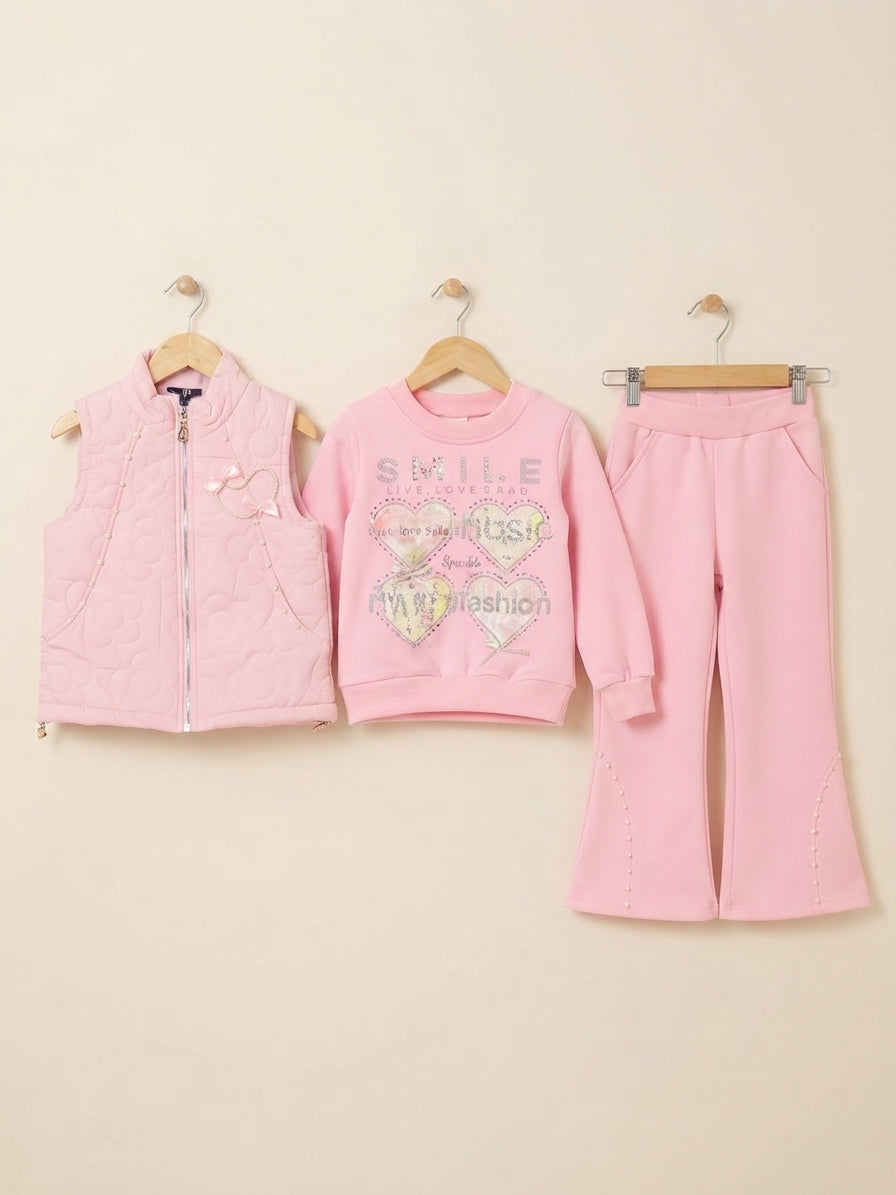 Girls Stylish 3-Piece Winter Outfit Set Featuring Quilted Vest Sweatshirt And Matching Trousers