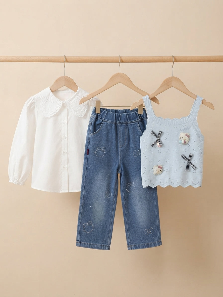 Stylish Baby Girls White Shirt And Knit Tank Top With Denim Jeans Outfit Set