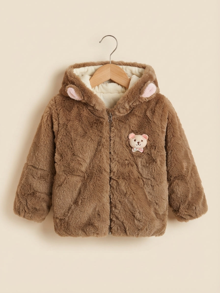 Kids Cute Bear Ear Hooded Faux Fur Zip Up Jacket Winter Warm Coat