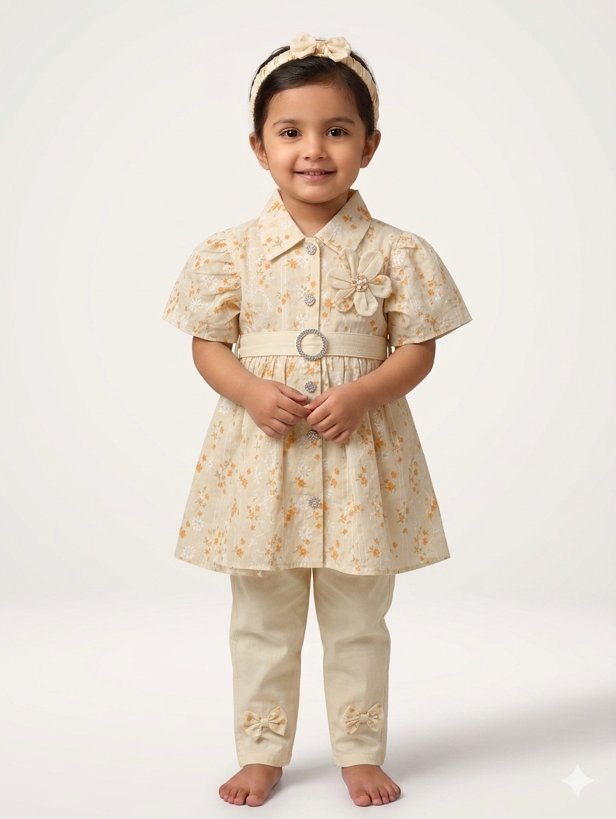 Little Girls' Floral Print Tunic and Trouser Set with Matching Bow Headband - 3 Pieces