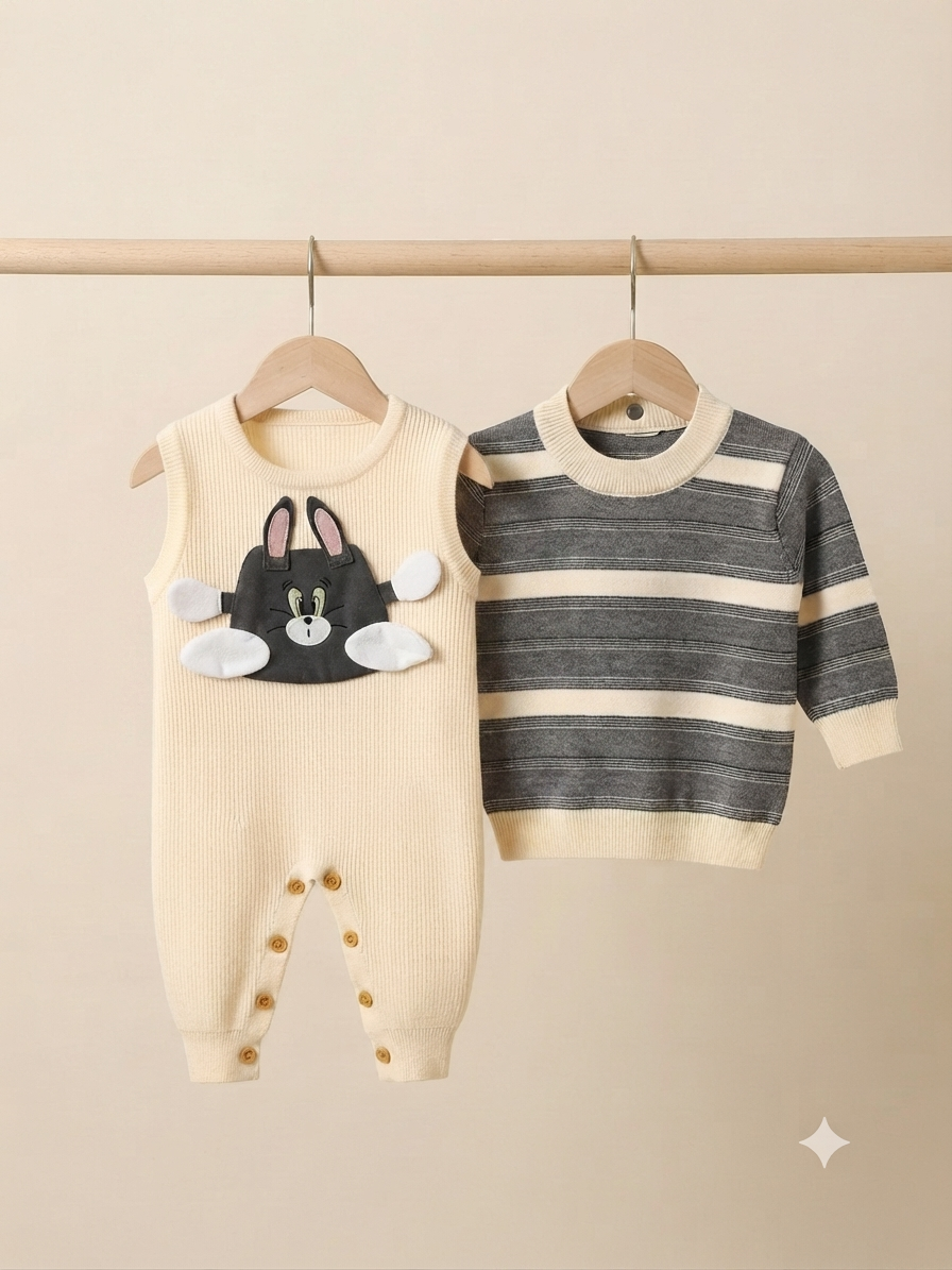 Baby Girls Cute Cartoon Character Knitted Romper And Striped Sweater Winter Outfit Set
