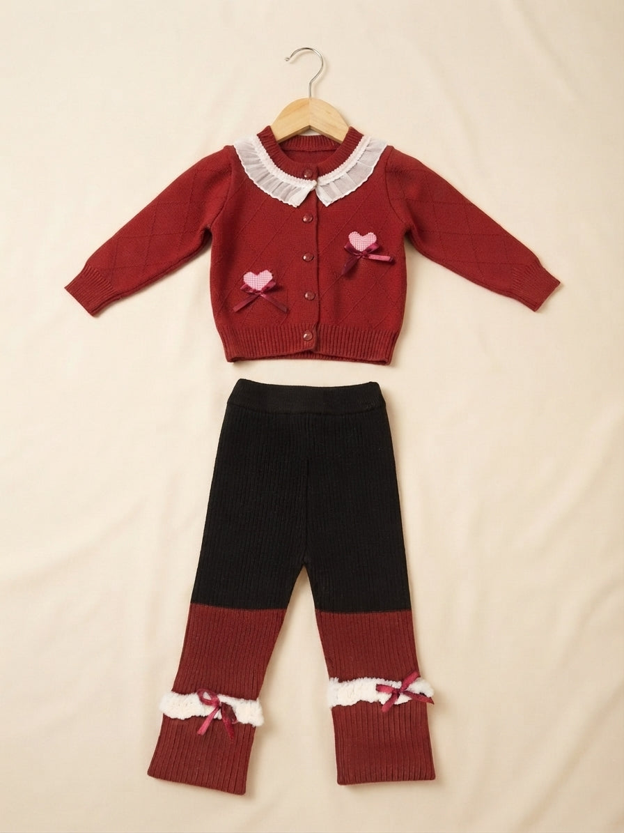 Charming Knit Cardigan and Matching Pants Set Featuring Elegant Lace Trim and Heart Accents