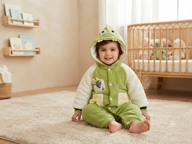 Cute Dinosaur Hooded Baby Romper Warm Fleece Winter Jumpsuit For Toddler Boys And Girls