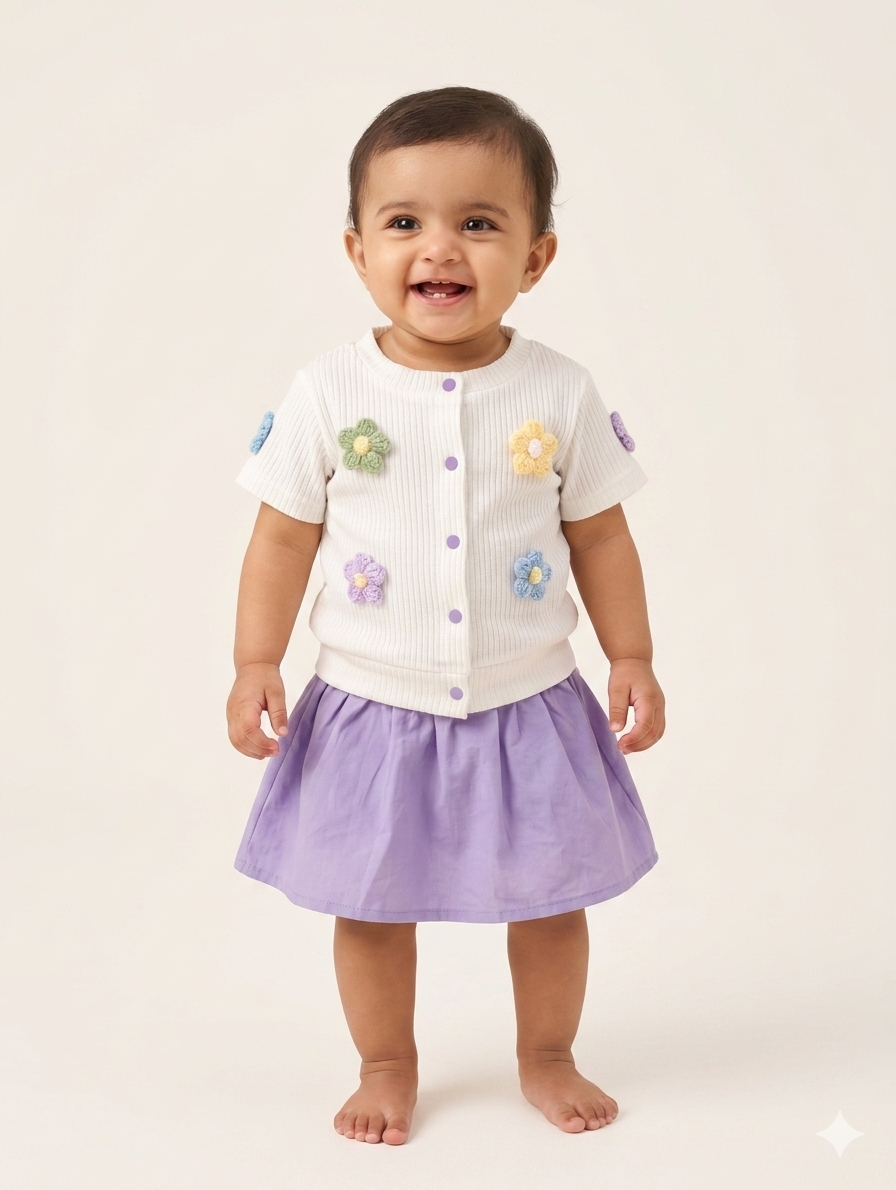 Baby Girls' Floral Applique Cardigan and Skirt Set in Red and Lavender Colors