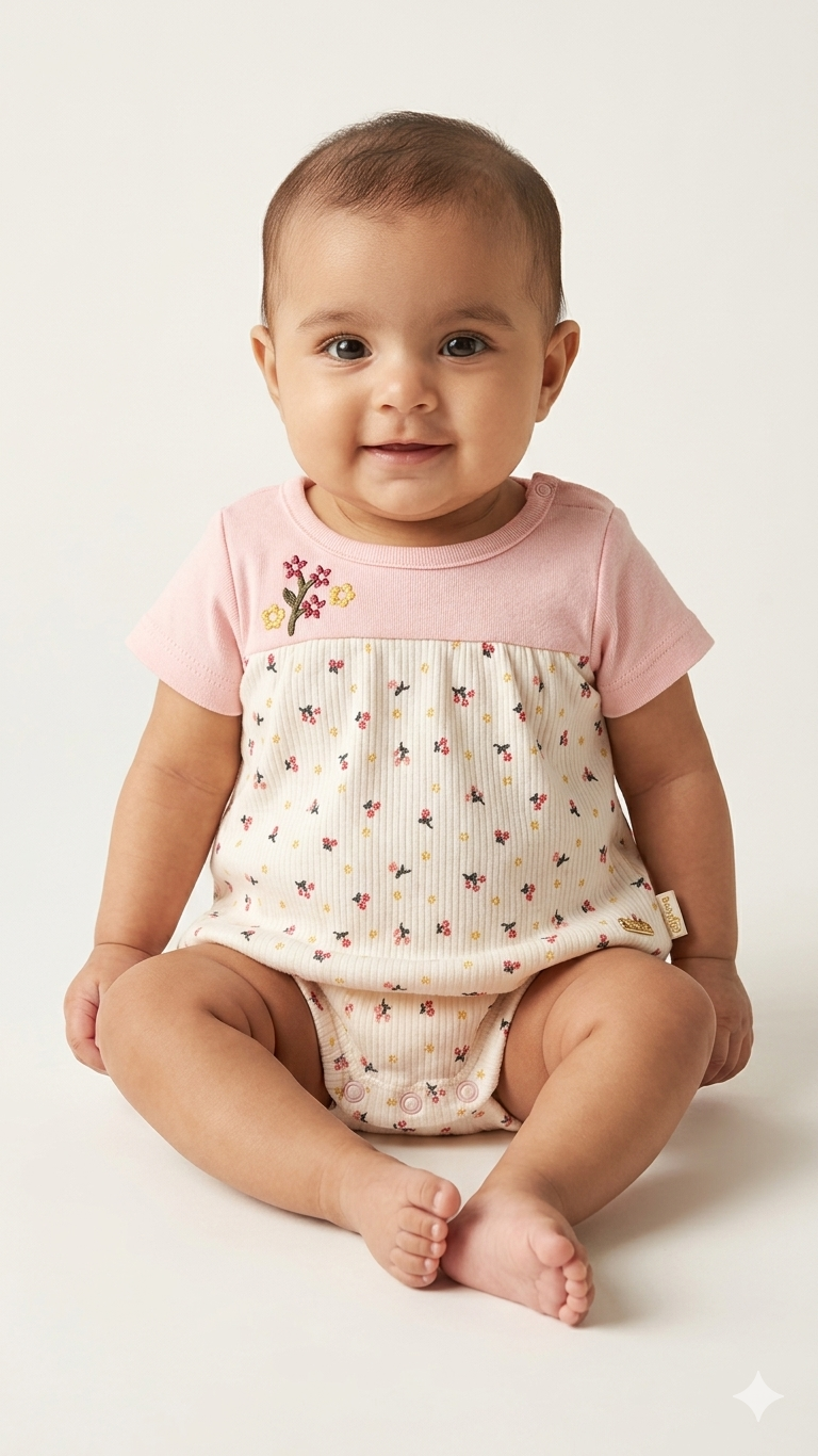 Soft Organic Cotton Baby Girl Floral Bodysuit With Embroidered Flower Detail For Comfortable Daily Wear