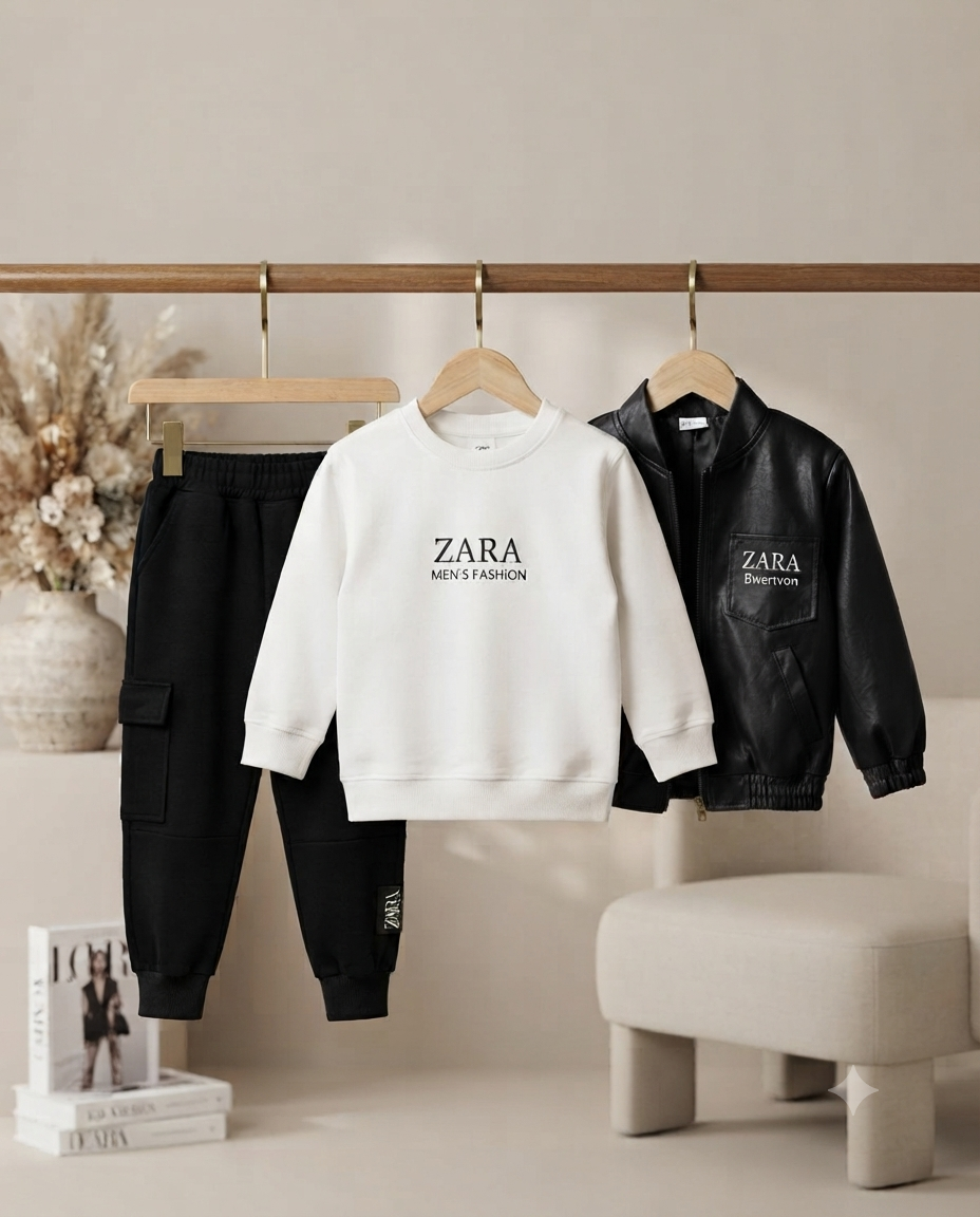 Zara Boys 3-Piece Casual Outfit Set: Sweatshirt, Cargo Pants, And Faux Leather Jacket