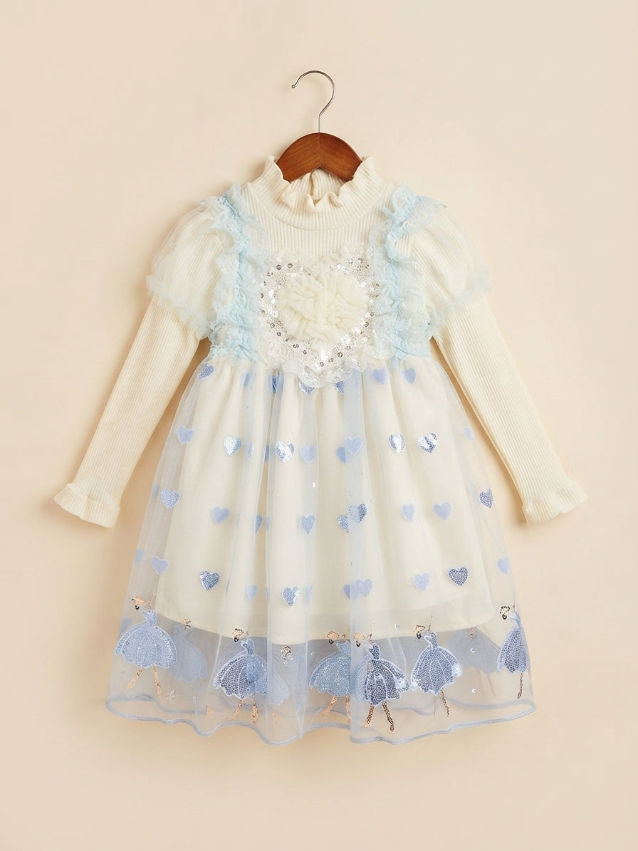 Elegant Winter Sequins Bow Long Sleeve Mesh Party Dress For Cute Little Girls