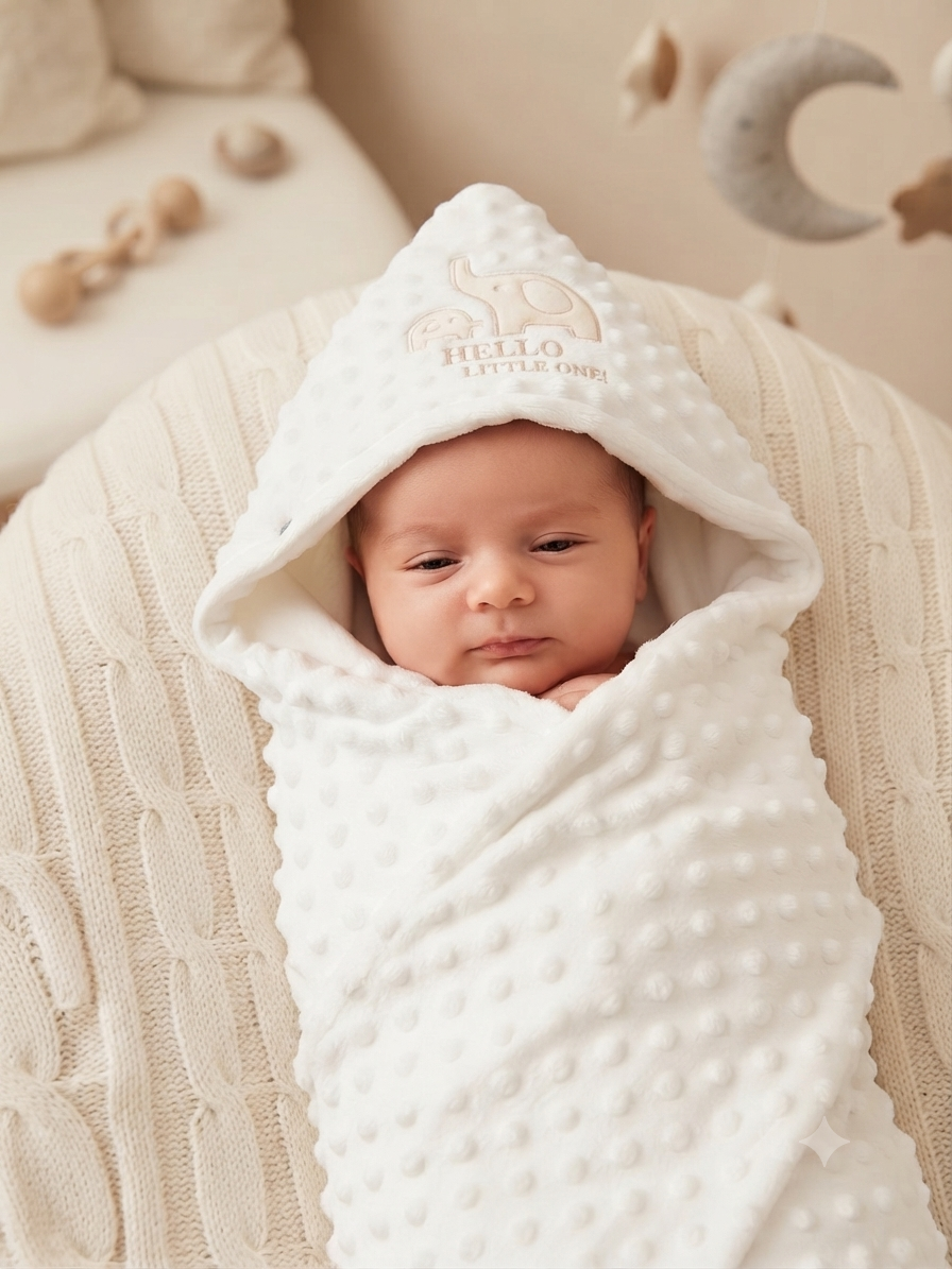 Soft White Minky Baby Hooded Swaddle Blanket With Cute Hello Little One Embroidery Design