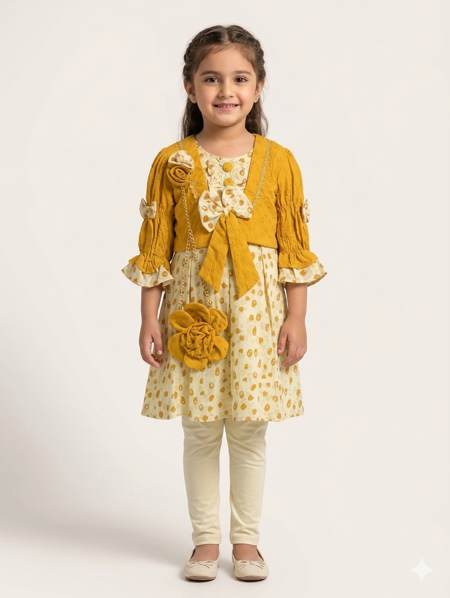 Elegant Girls' Floral Printed Dress with Matching Bolero Jacket and Stylish 3D Flower Accessory