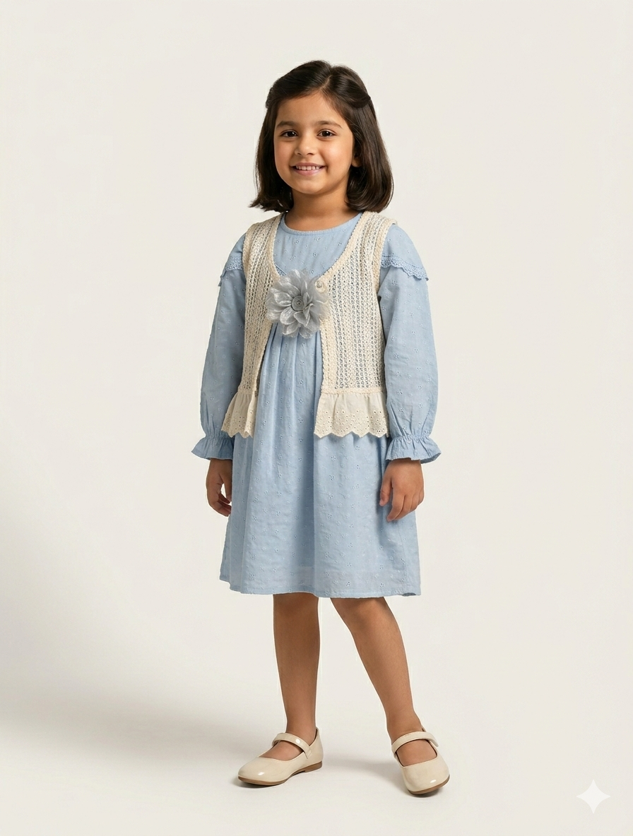 Elegant Little Girls Long Sleeve Eyelet Dress with Floral Applique Crochet Vest Two-Piece Set