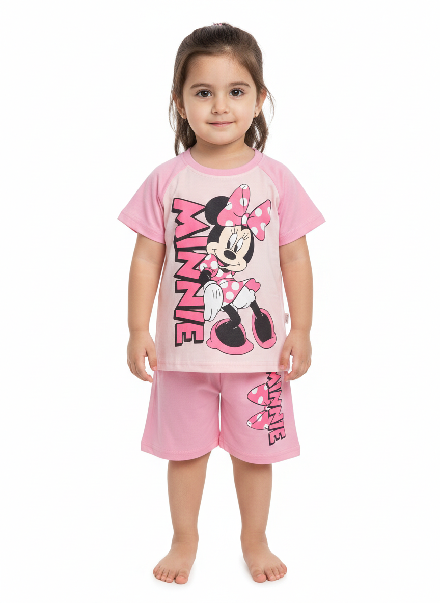 Toddler Girls' Pink Minnie Mouse Character Short Sleeve Pajama Set with Matching Elastic Shorts