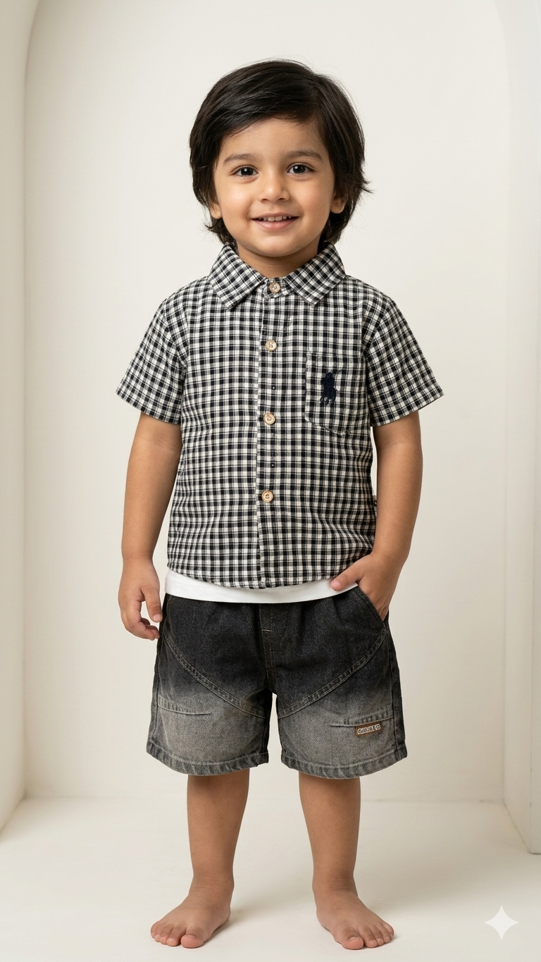 Boys Smart Gingham Plaid Shirt Faded Denim Shorts Casual Summer Clothing Set