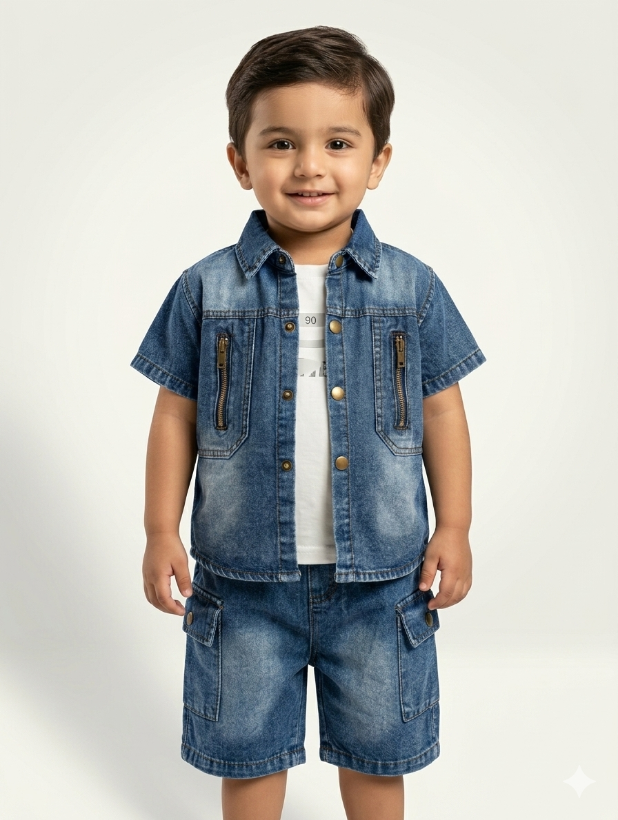 Boy's 3-Piece Streetwear Denim Shirt and Cargo Shorts Set with Graphic Tee