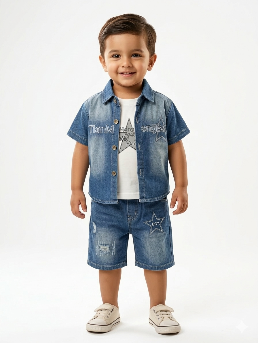 Boys Three-Piece Star Denim Set - Short Sleeve Button-Down Shirt, Graphic Tee, and Distressed Shorts